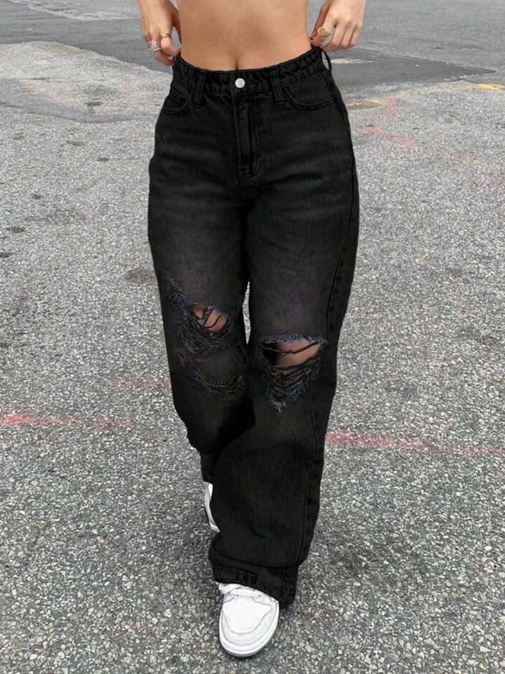 👖4/$20!👖 SHEIN Black Distressed Knee Frayed Hem Wide-Leg Jeans